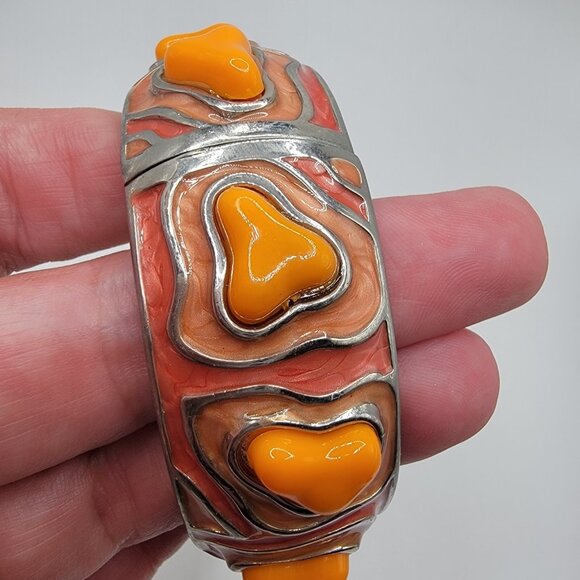 Vintage Cuff Bracelet Ornate Orange‎ Stones Clamp Hinge Boho - Picture 2 of 4